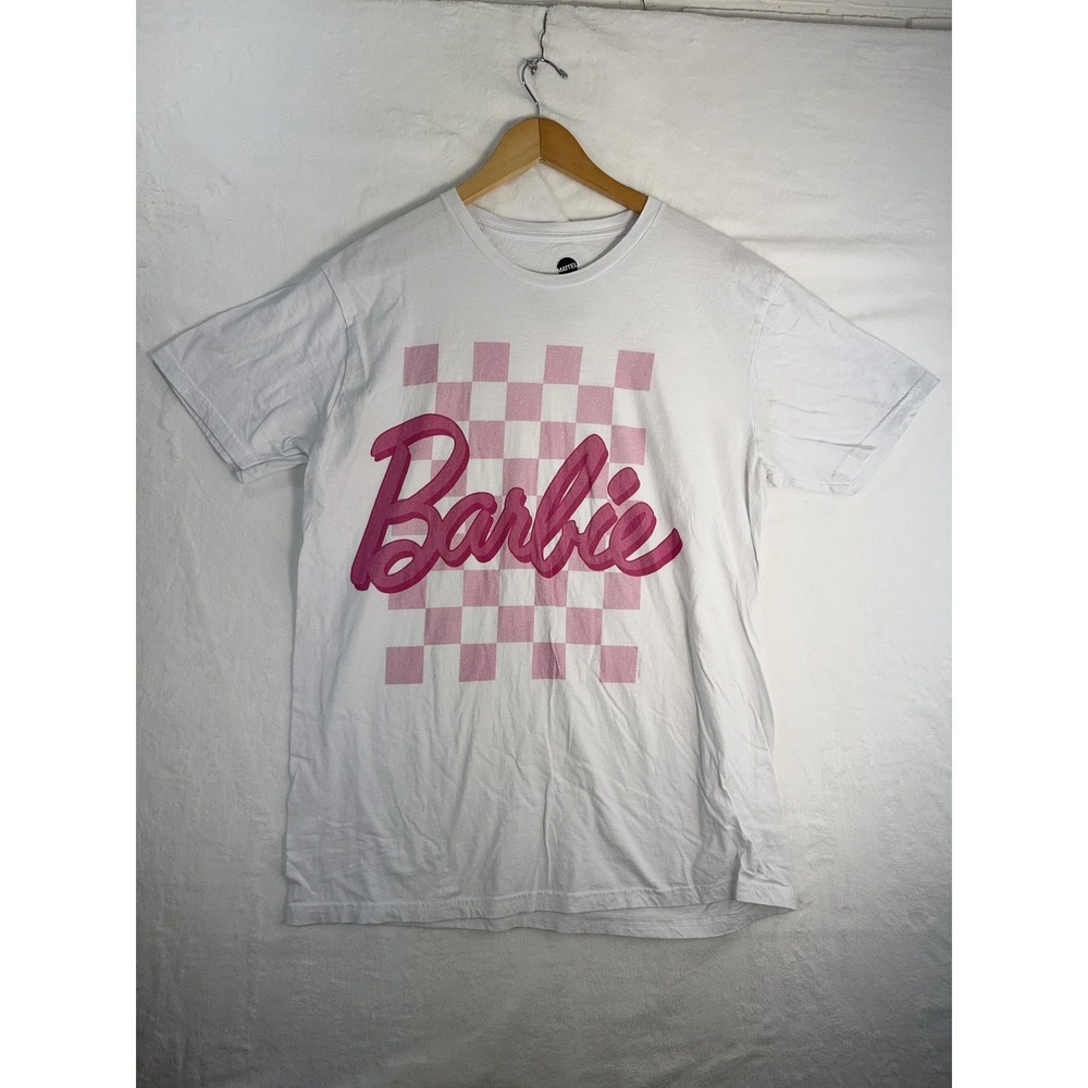 Barbie Shirt Womens Large White Pink Checker Logo Graphic Mattel Movie Tee